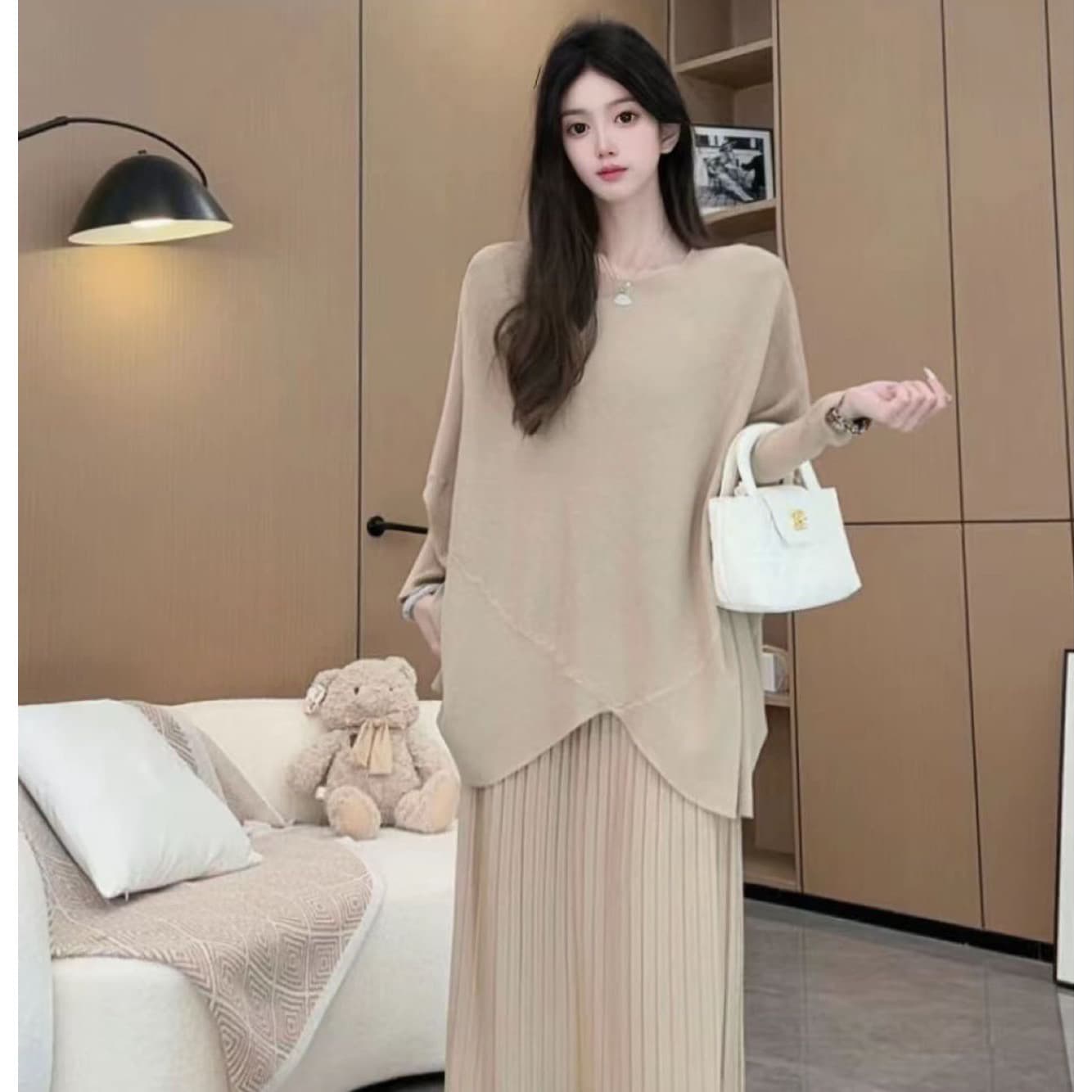 질량 지금 지금 출산 착용 가을 겨울 신제품 높은 품질 비싼 가스 슬림해 보이는 불규칙 슬림해 보이는 박쥐 긴팔 세트 이미지 5
