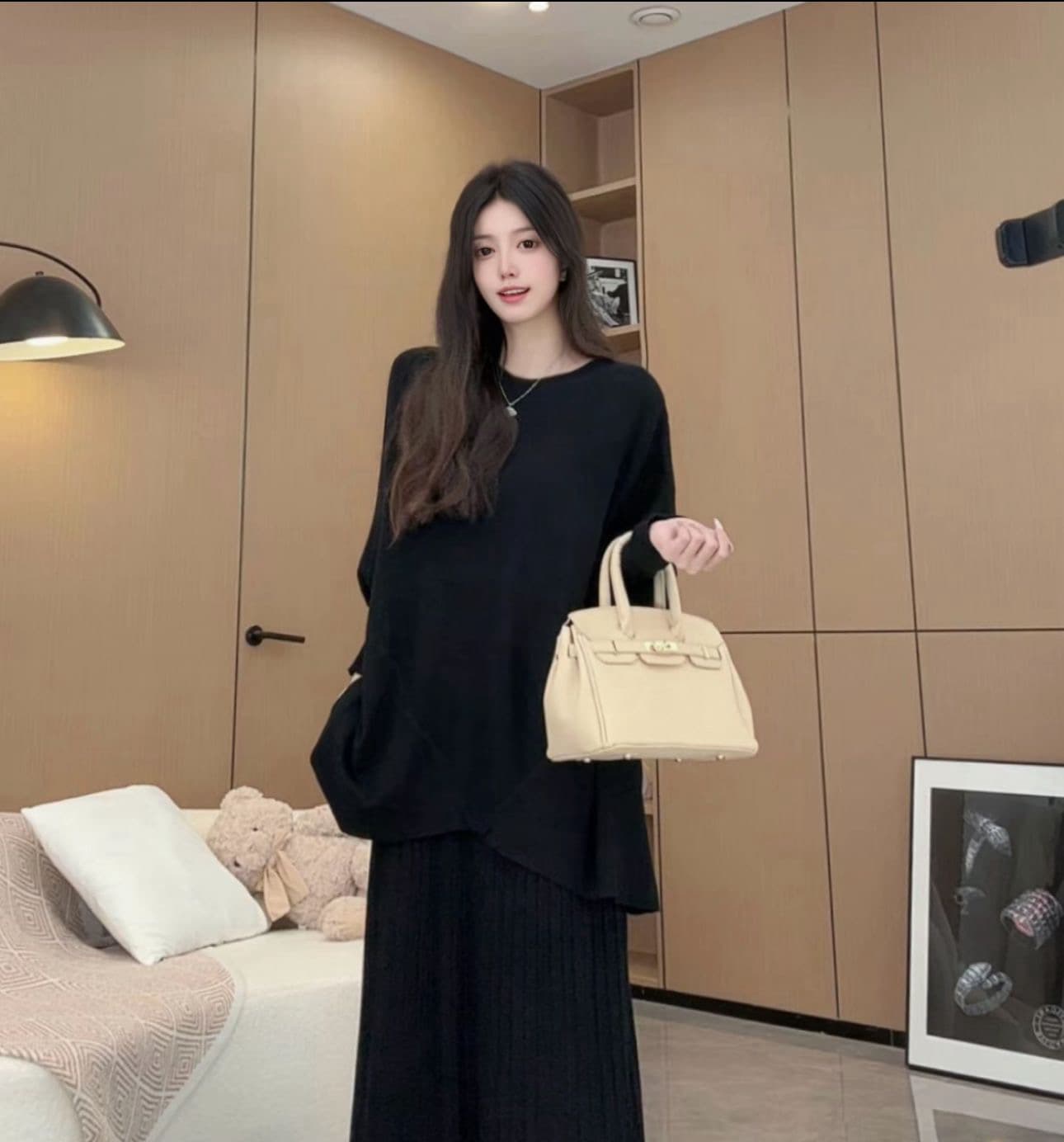 질량 지금 지금 출산 착용 가을 겨울 신제품 높은 품질 비싼 가스 슬림해 보이는 불규칙 슬림해 보이는 박쥐 긴팔 세트 상세 이미지 1