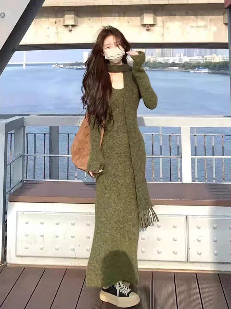 질량 지금 지금 출산 착용 가을 새로운 더블 색상 스카프 스웨터 드레스 여성 뜨개질 드레스 인사이드 가져 가라. A라인 스커트 상세 이미지 3