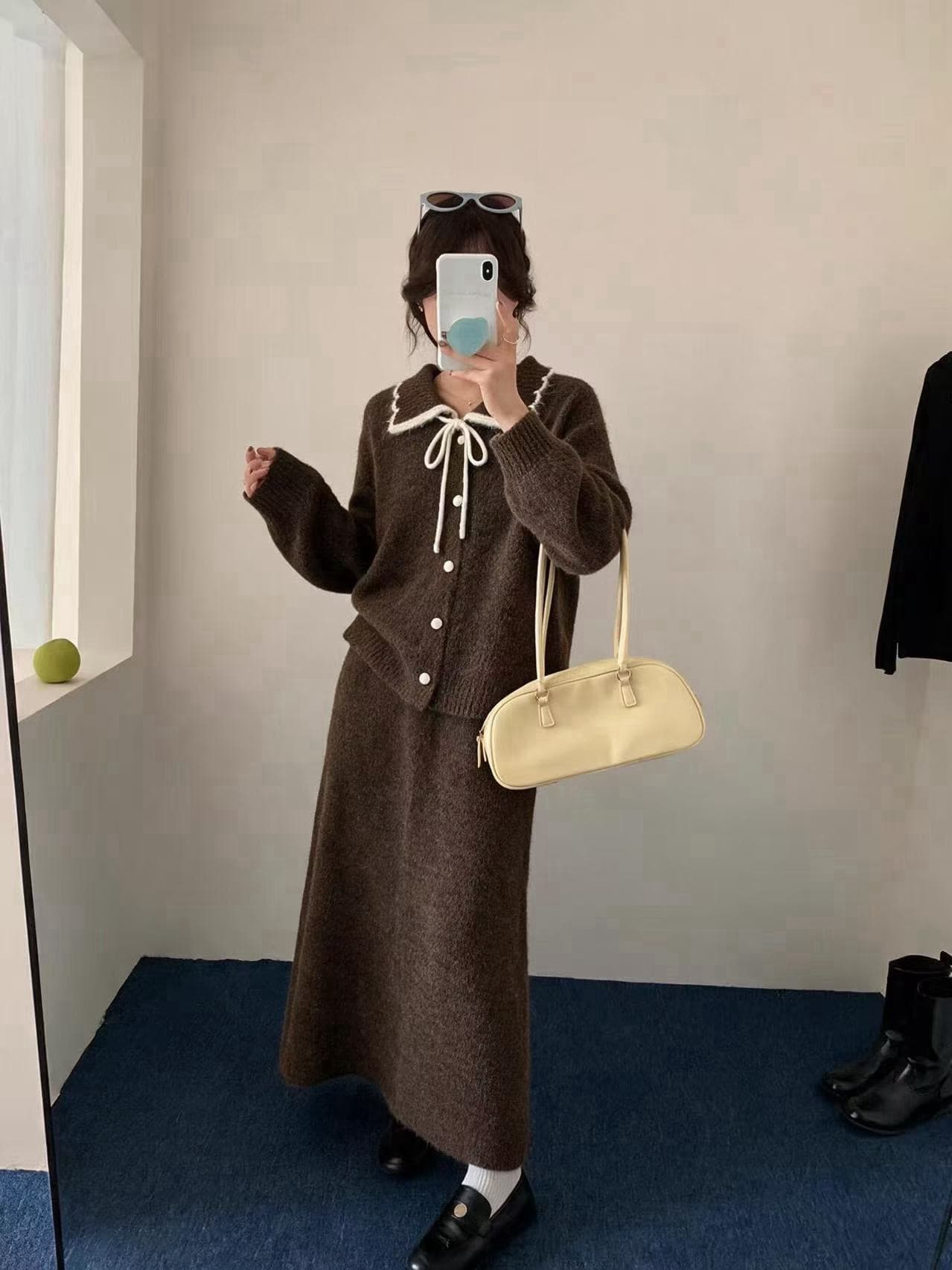 실사 지금 출산 착용 2026 가을 겨울 새로운 작은 샤넬 스타일 품격 슬림해 보이는 니트 스웨터 반신 치마 세트 상세 이미지 25