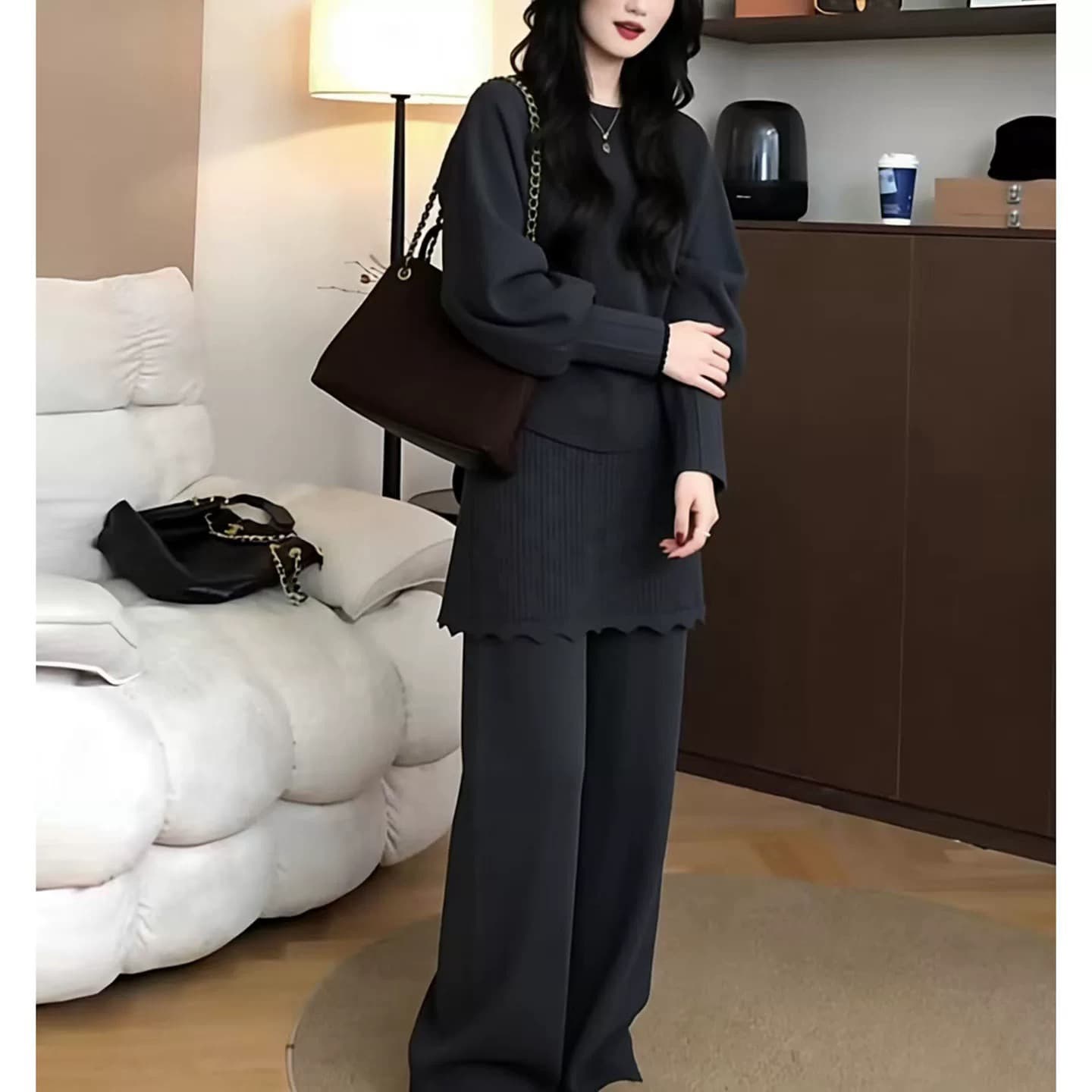 지금 출산 착용 느긋한 캐주얼 세트 가을 겨울 두꺼운 니트 스웨터 스웨터 방귀 커튼 바지 투피스 세트 착용 가져 가라. 이미지 3