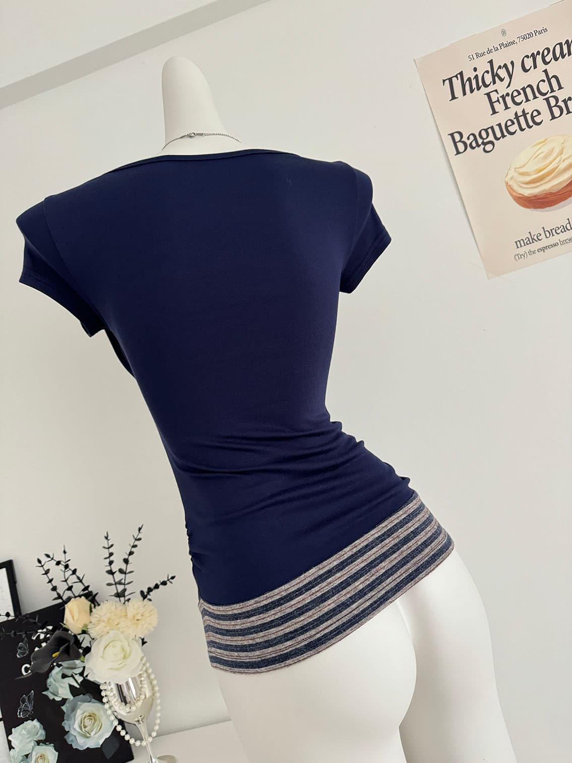 대 말더듬기 다우 시시 빛 틈 블루 레트로 학원 스타일 나비 레이스업 맨위 여름 허리 측면 펌프 Pleat 티셔츠 상세 이미지 9