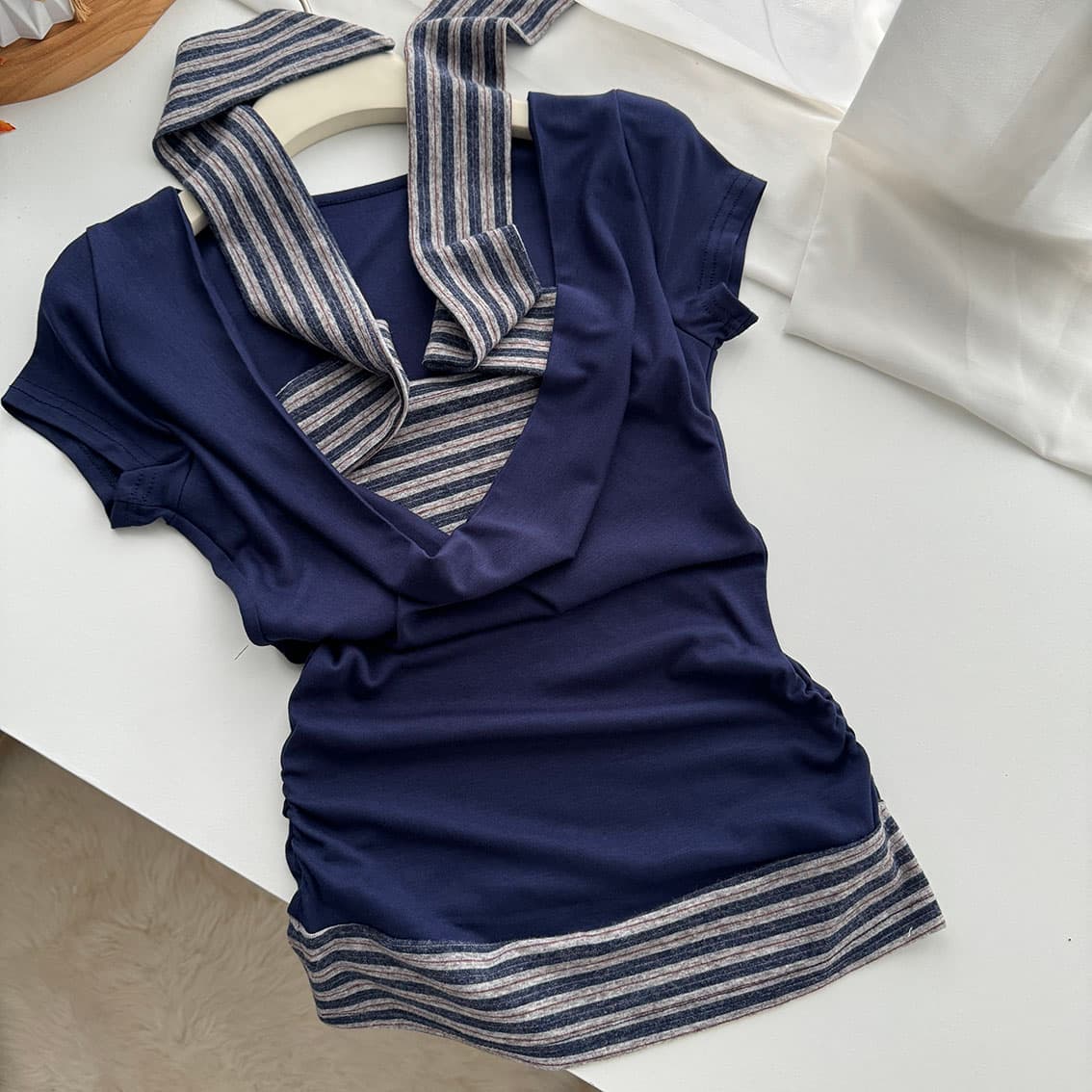 대 말더듬기 다우 시시 빛 틈 블루 레트로 학원 스타일 나비 레이스업 맨위 여름 허리 측면 펌프 Pleat 티셔츠 상세 이미지 10
