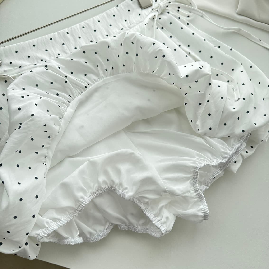 umoumo 우 버섯 여름 달콤함 도트 무늬 나비 매듭 칼라 패치워크 비스듬한 문 襟 몸매 가꾸기 셔츠 도트 무늬 반 스커트 세트 상세 이미지 16