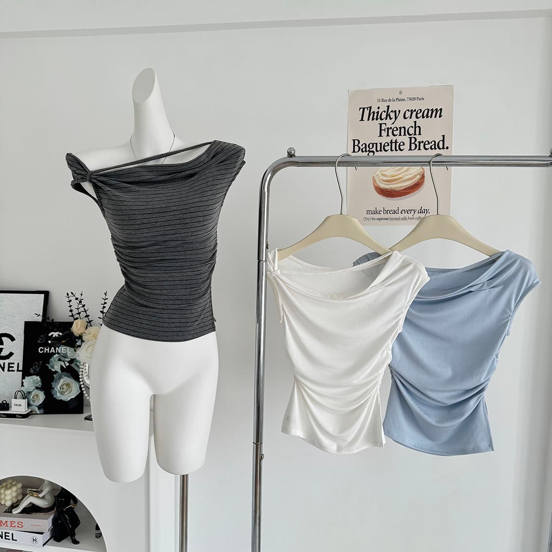 jmshop 심장 마비 커브 비스듬한 어깨 칼라 깨진 Pleat 허리 수축 트임 반팔 티셔츠 여름 몸매 가꾸기 다용도 이미지 2