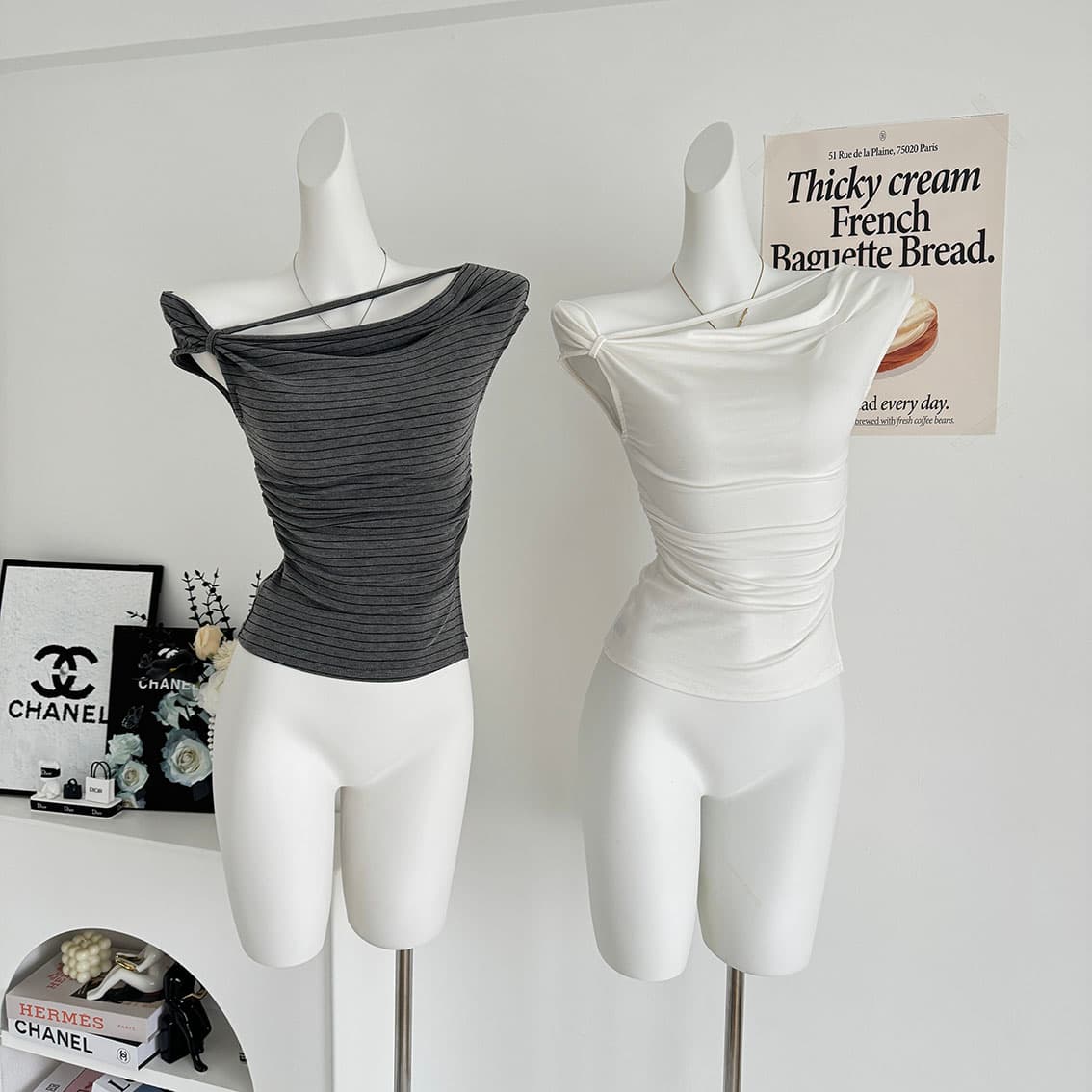 jmshop 심장 마비 커브 비스듬한 어깨 칼라 깨진 Pleat 허리 수축 트임 반팔 티셔츠 여름 몸매 가꾸기 다용도 상세 이미지 4