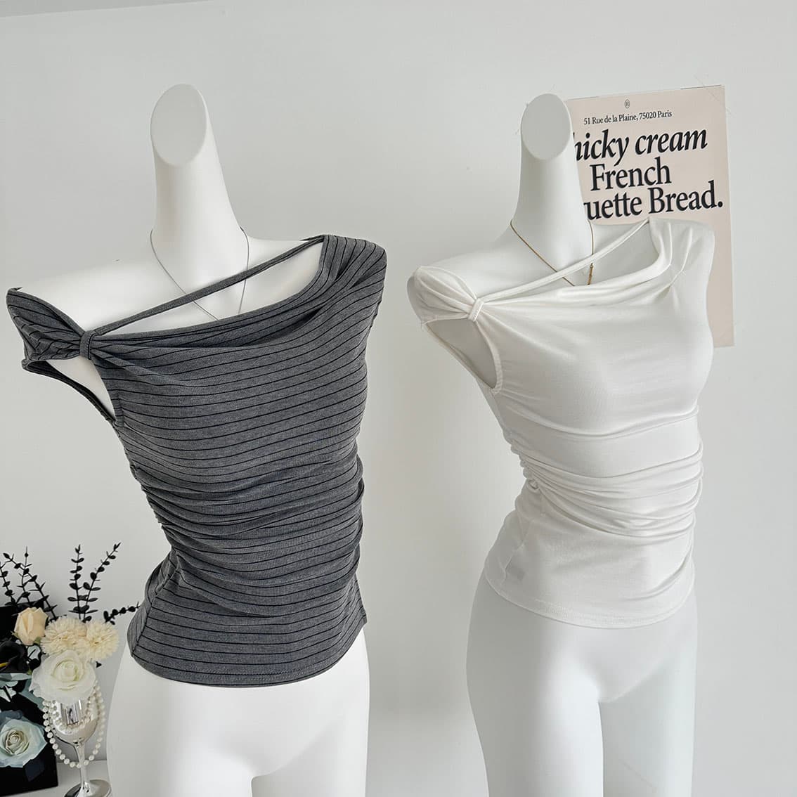 jmshop 심장 마비 커브 비스듬한 어깨 칼라 깨진 Pleat 허리 수축 트임 반팔 티셔츠 여름 몸매 가꾸기 다용도 상세 이미지 5