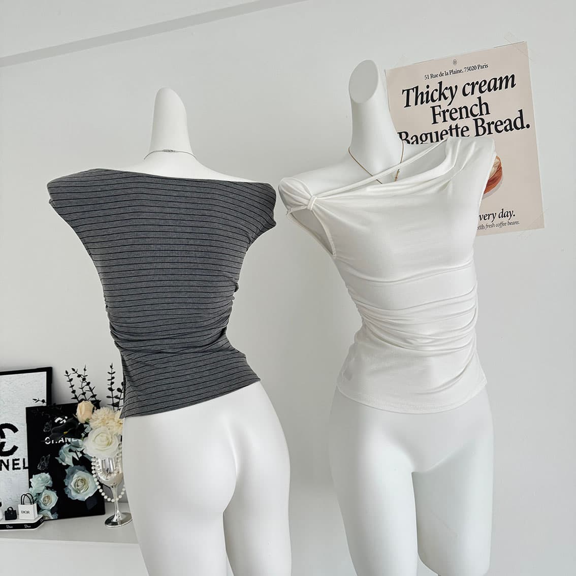 jmshop 심장 마비 커브 비스듬한 어깨 칼라 깨진 Pleat 허리 수축 트임 반팔 티셔츠 여름 몸매 가꾸기 다용도 상세 이미지 6