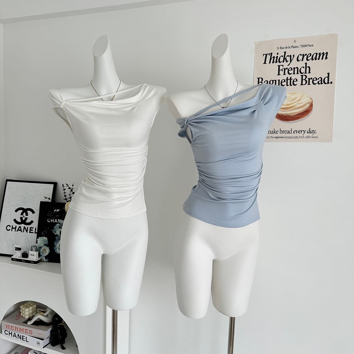 jmshop 심장 마비 커브 비스듬한 어깨 칼라 깨진 Pleat 허리 수축 트임 반팔 티셔츠 여름 몸매 가꾸기 다용도 상세 이미지 7
