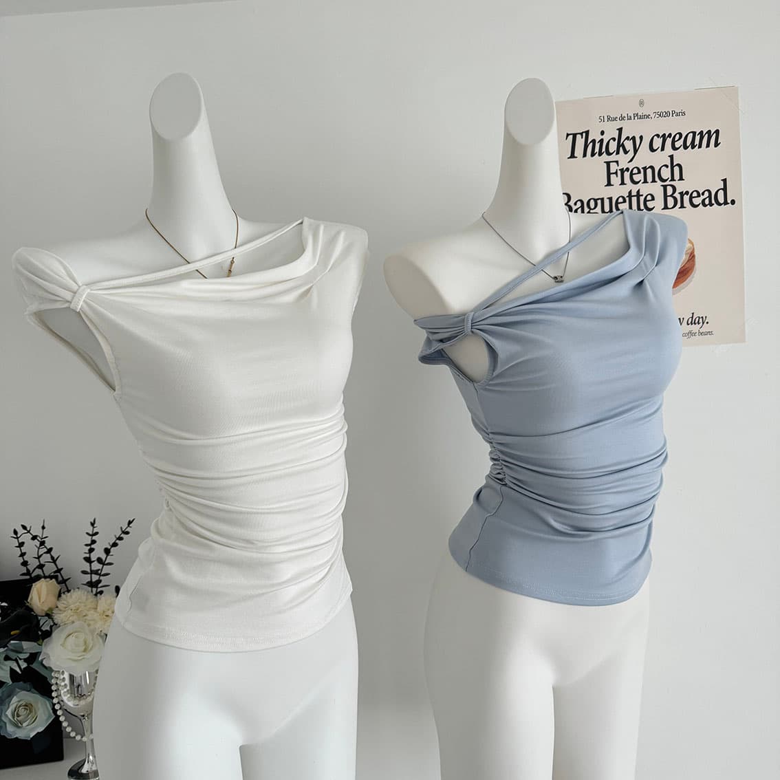 jmshop 심장 마비 커브 비스듬한 어깨 칼라 깨진 Pleat 허리 수축 트임 반팔 티셔츠 여름 몸매 가꾸기 다용도 상세 이미지 8