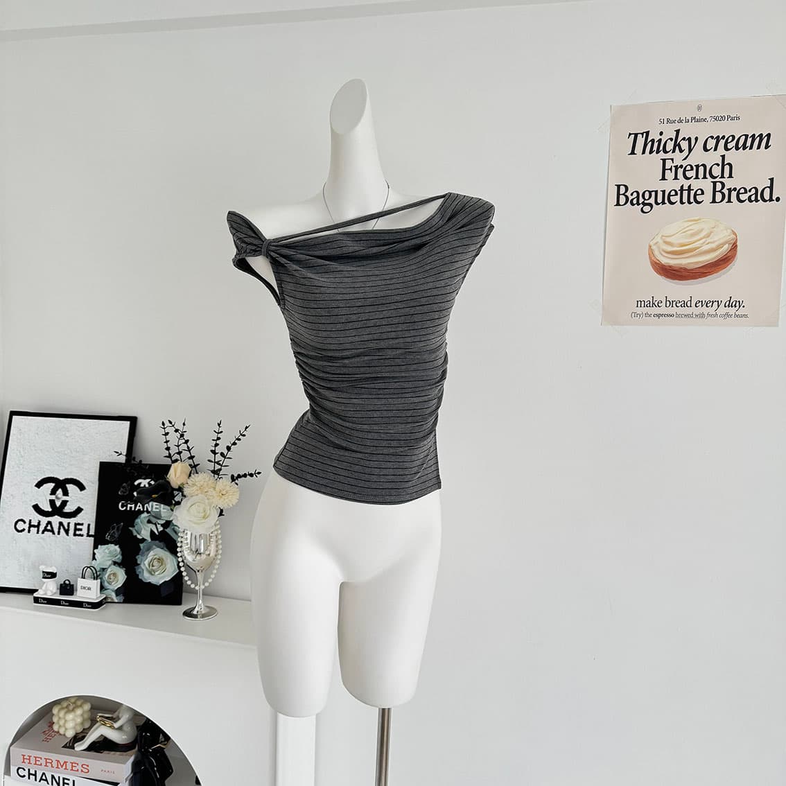 jmshop 심장 마비 커브 비스듬한 어깨 칼라 깨진 Pleat 허리 수축 트임 반팔 티셔츠 여름 몸매 가꾸기 다용도 상세 이미지 9