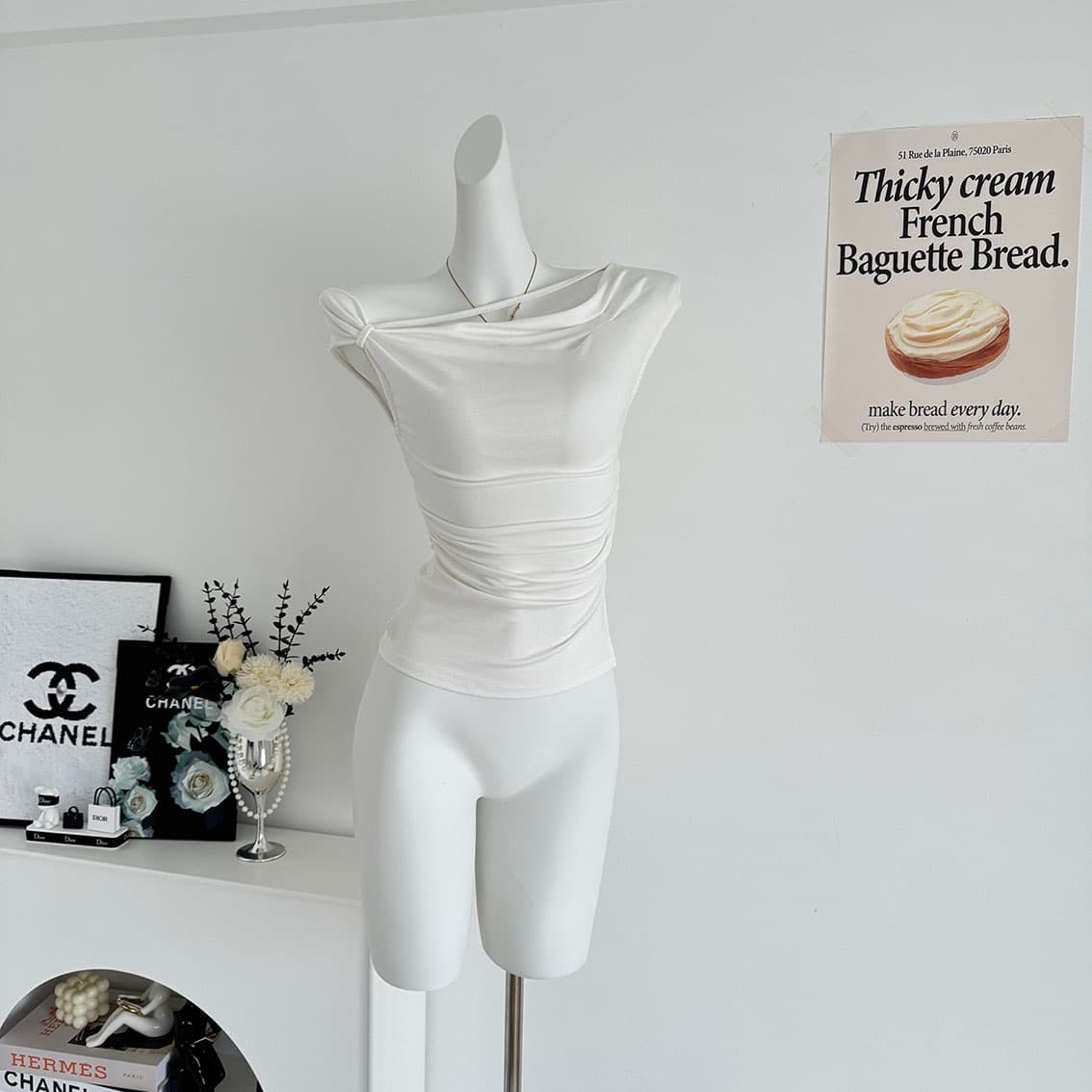 jmshop 심장 마비 커브 비스듬한 어깨 칼라 깨진 Pleat 허리 수축 트임 반팔 티셔츠 여름 몸매 가꾸기 다용도 상세 이미지 16