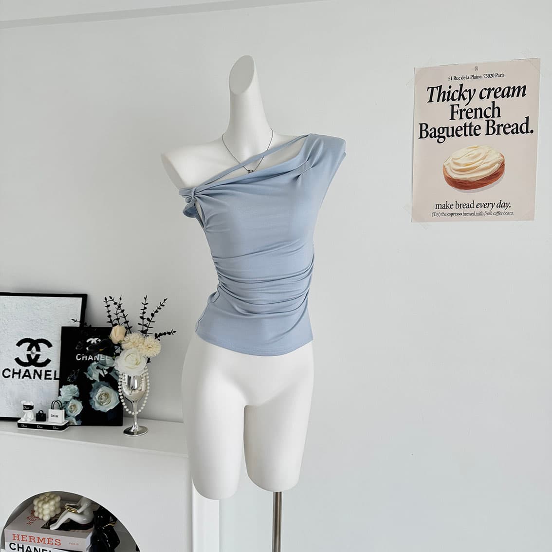 jmshop 심장 마비 커브 비스듬한 어깨 칼라 깨진 Pleat 허리 수축 트임 반팔 티셔츠 여름 몸매 가꾸기 다용도 상세 이미지 23