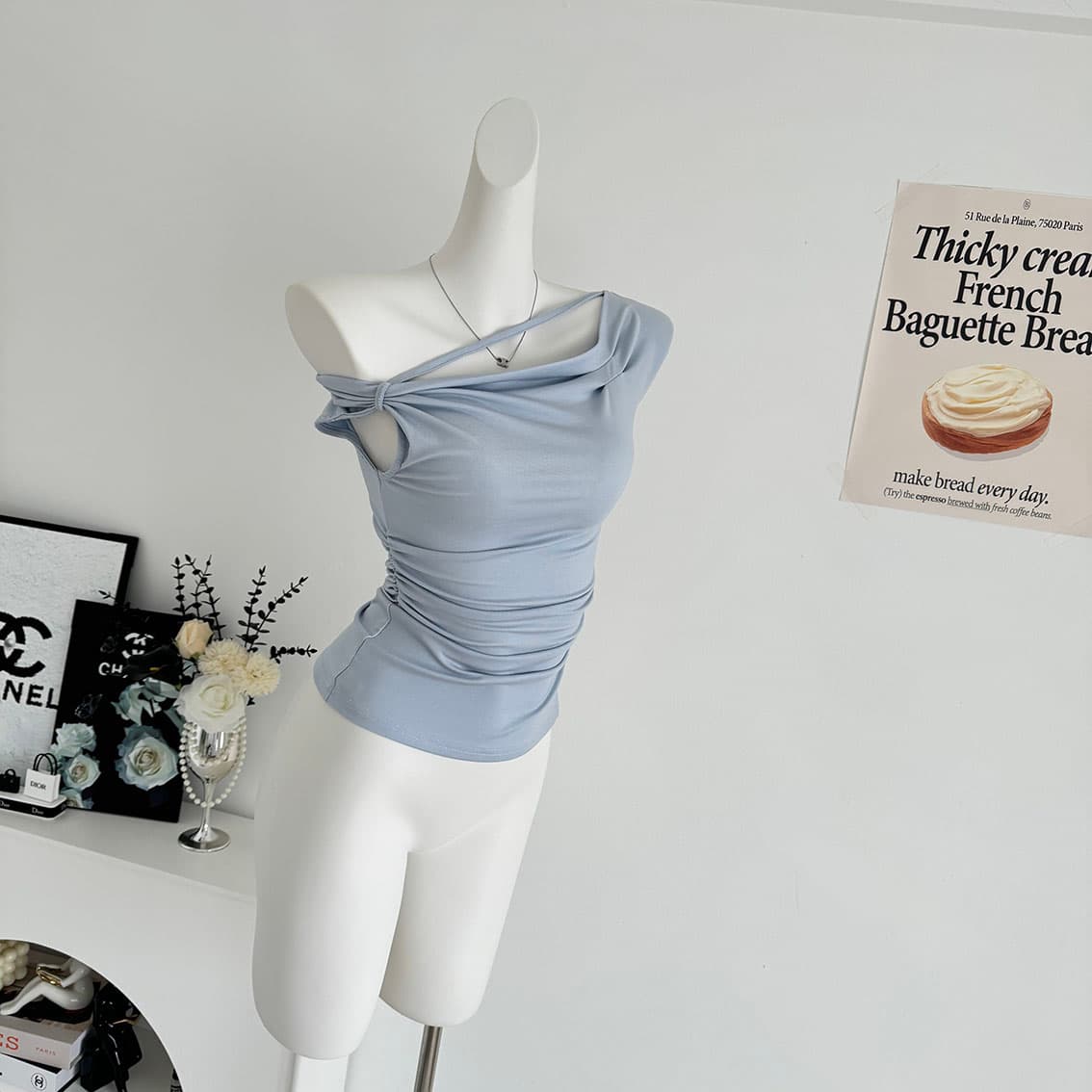 jmshop 심장 마비 커브 비스듬한 어깨 칼라 깨진 Pleat 허리 수축 트임 반팔 티셔츠 여름 몸매 가꾸기 다용도 상세 이미지 24