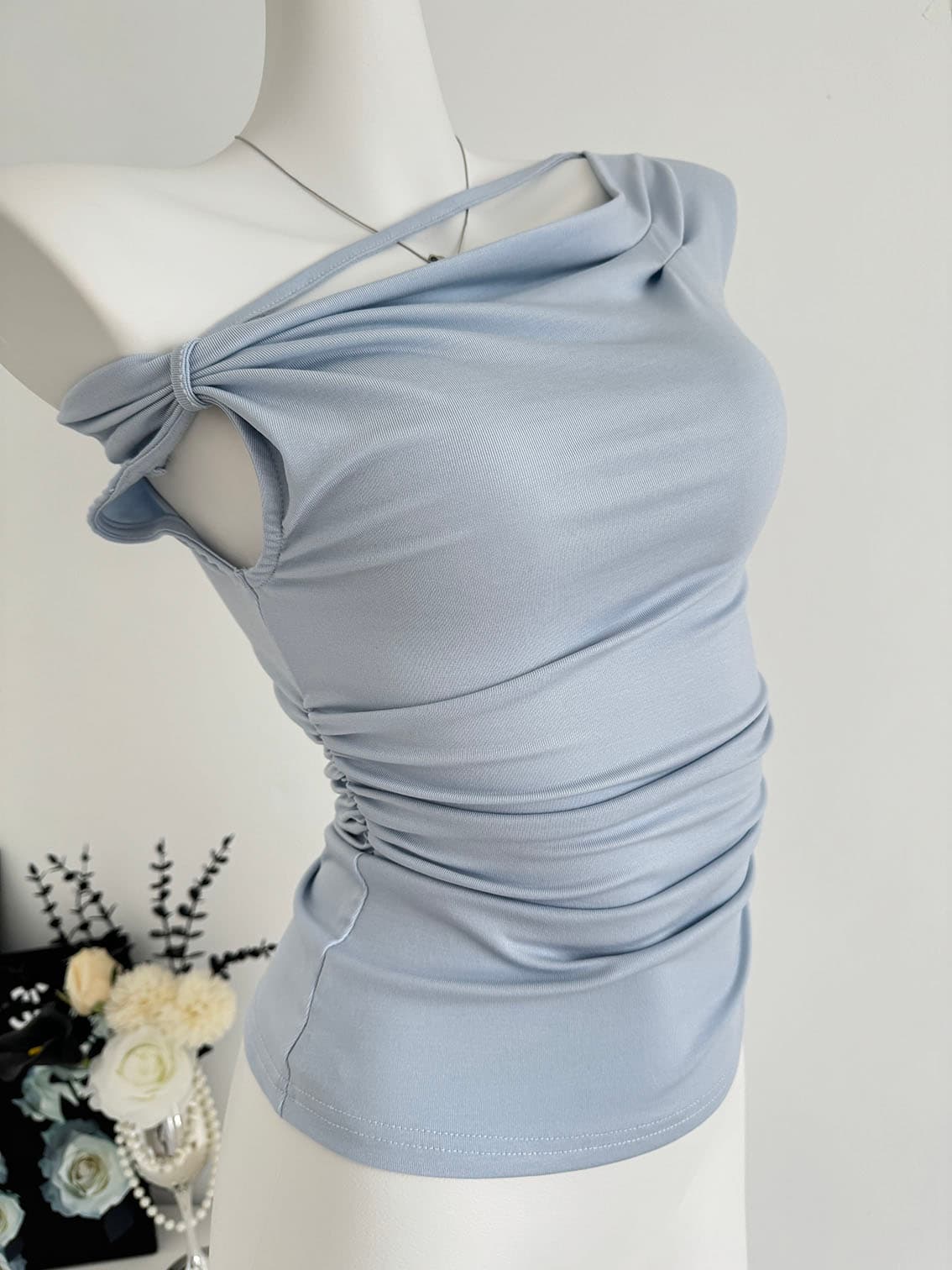 jmshop 심장 마비 커브 비스듬한 어깨 칼라 깨진 Pleat 허리 수축 트임 반팔 티셔츠 여름 몸매 가꾸기 다용도 상세 이미지 26