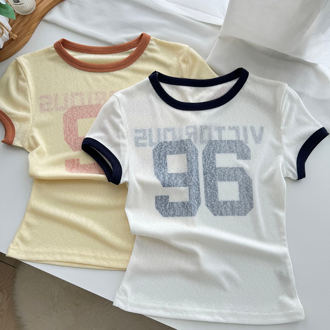 닝 부문 라이 경기 서울 배색 라운드 넥 프린트 긍정적 인 어깨 티셔츠 여성 여름 캐주얼 바람 펌프 로프 넓은 다리 순면 9부 바지 이미지 6