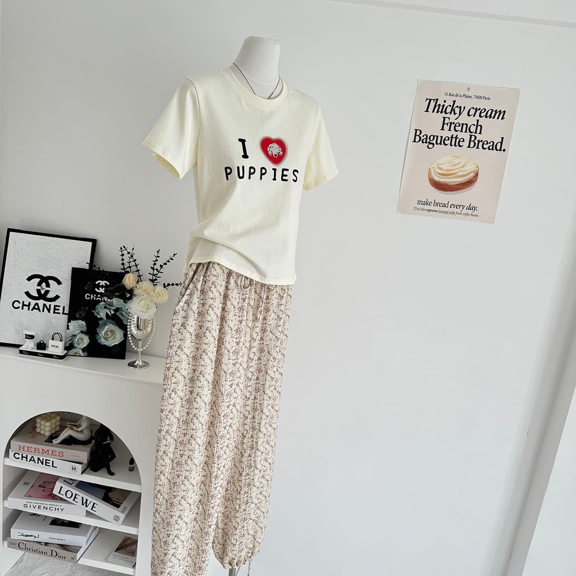 ashenonline ilovepoppies 오리지널 둘 색상 프린트 반팔 하트 강아지 레트로 워싱 티셔츠 상세 이미지 1