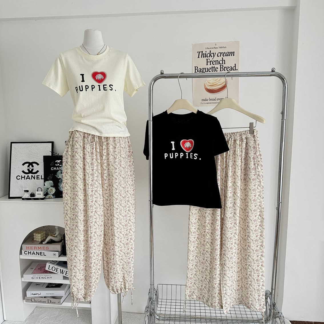 ashenonline ilovepoppies 오리지널 둘 색상 프린트 반팔 하트 강아지 레트로 워싱 티셔츠 상세 이미지 2