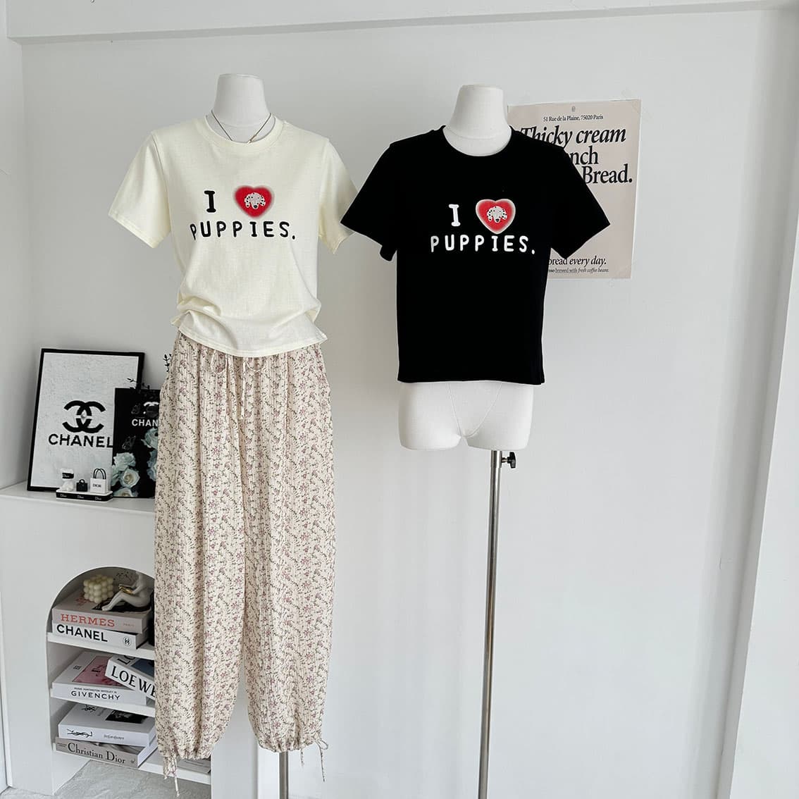 ashenonline ilovepoppies 오리지널 둘 색상 프린트 반팔 하트 강아지 레트로 워싱 티셔츠 상세 이미지 4