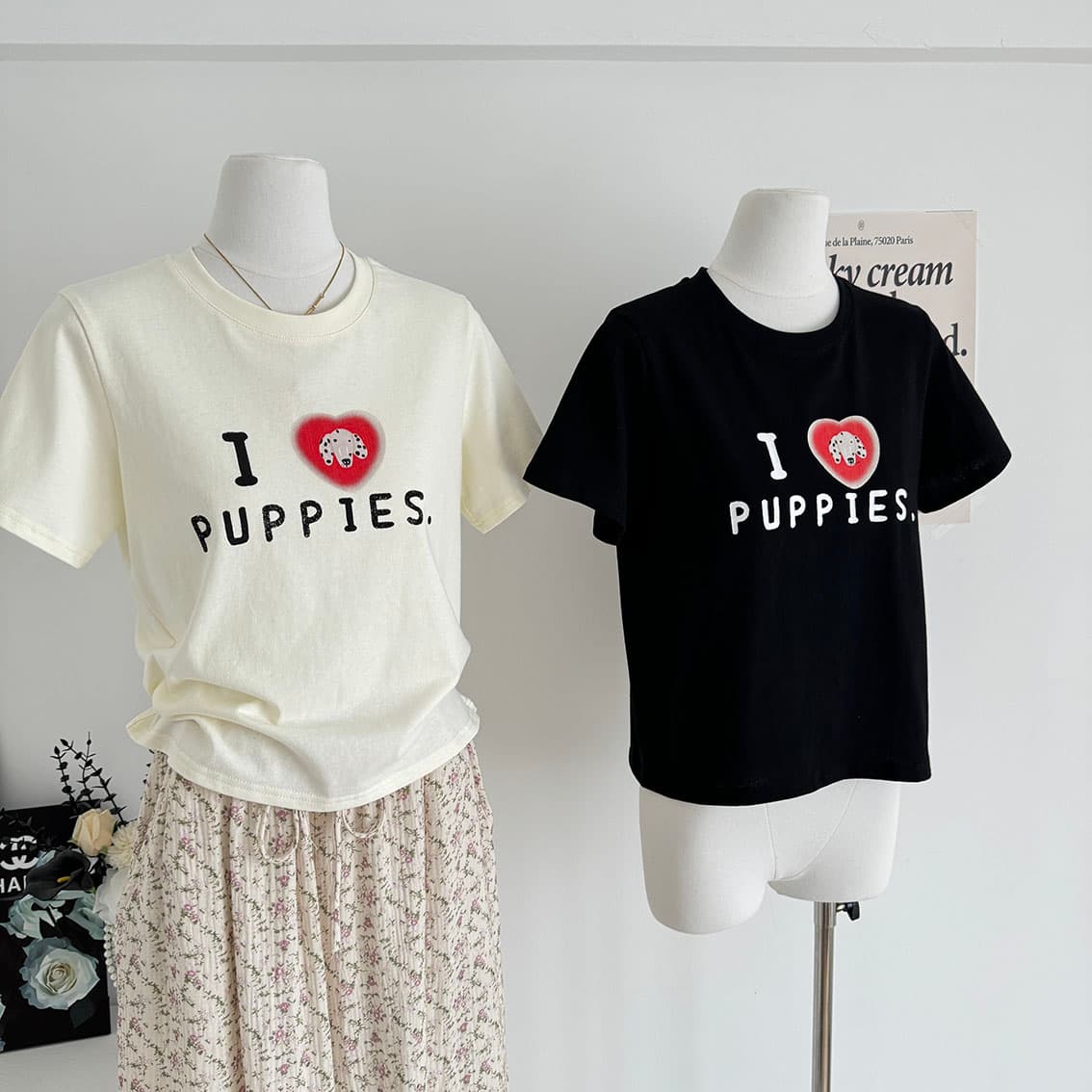 ashenonline ilovepoppies 오리지널 둘 색상 프린트 반팔 하트 강아지 레트로 워싱 티셔츠 상세 이미지 5