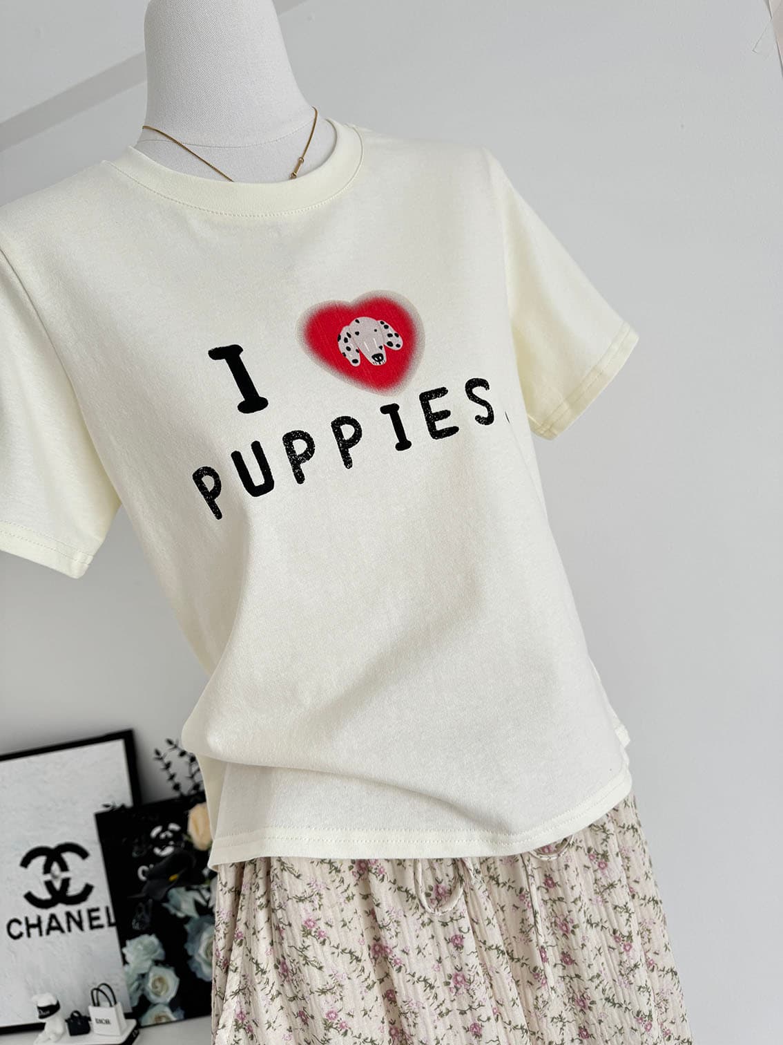 ashenonline ilovepoppies 오리지널 둘 색상 프린트 반팔 하트 강아지 레트로 워싱 티셔츠 상세 이미지 8
