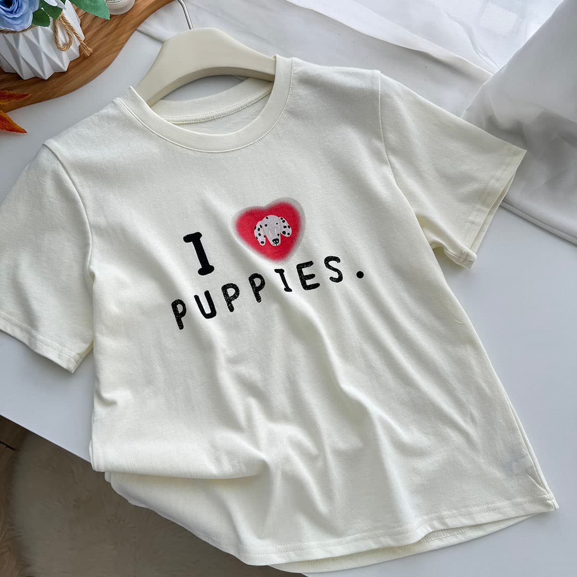 ashenonline ilovepoppies 오리지널 둘 색상 프린트 반팔 하트 강아지 레트로 워싱 티셔츠 상세 이미지 14