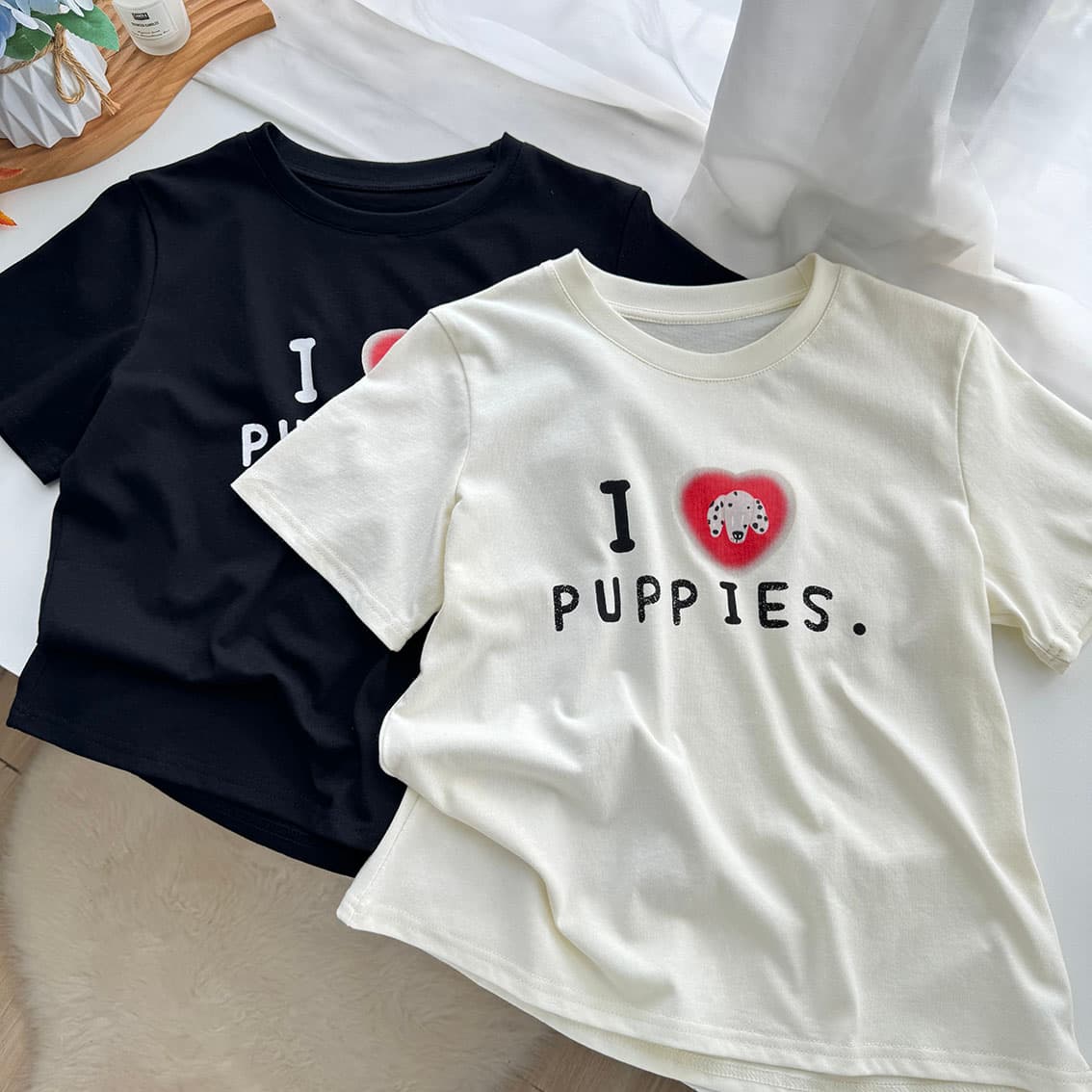 ashenonline ilovepoppies 오리지널 둘 색상 프린트 반팔 하트 강아지 레트로 워싱 티셔츠 상세 이미지 17