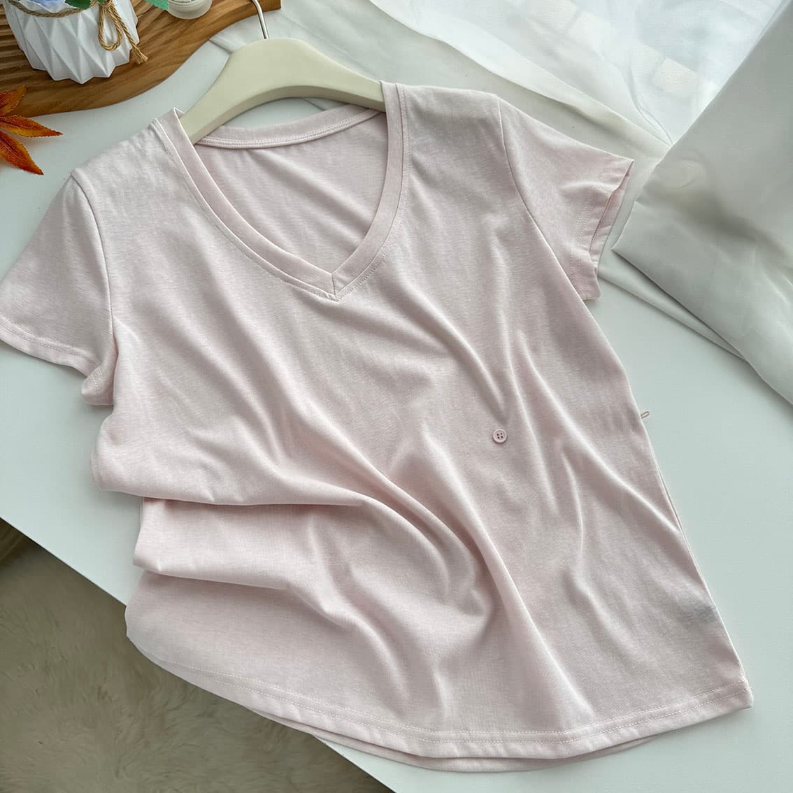 ptonumi 다른 학위 분말 V넥 눈꽃 면 마이크로 긍정적 인 어깨 반팔 티셔츠 여성 한 부서 한 마디 다용도 반신 스커트 상세 이미지 14