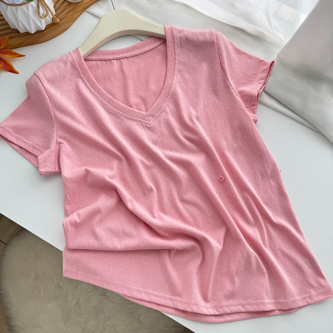 ptonumi 다른 학위 분말 V넥 눈꽃 면 마이크로 긍정적 인 어깨 반팔 티셔츠 여성 한 부서 한 마디 다용도 반신 스커트 상세 이미지 28