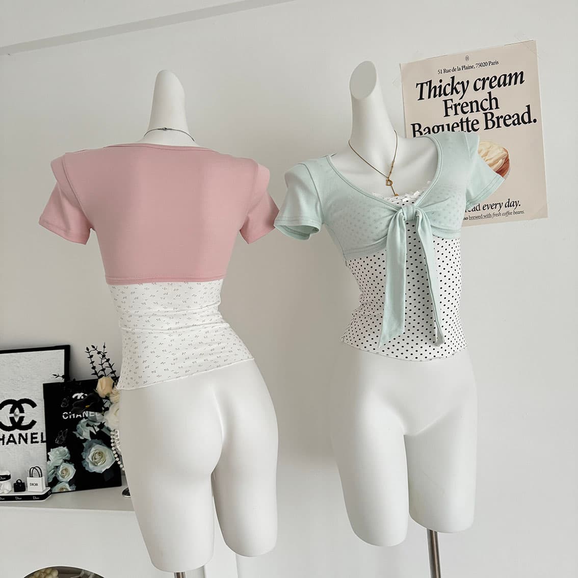 callmeear 배색 나비 매듭 티셔츠 패치워크 디자인 센스 페이크 레이어드 u 칼라 반팔 맨위 여성 여름 상세 이미지 5