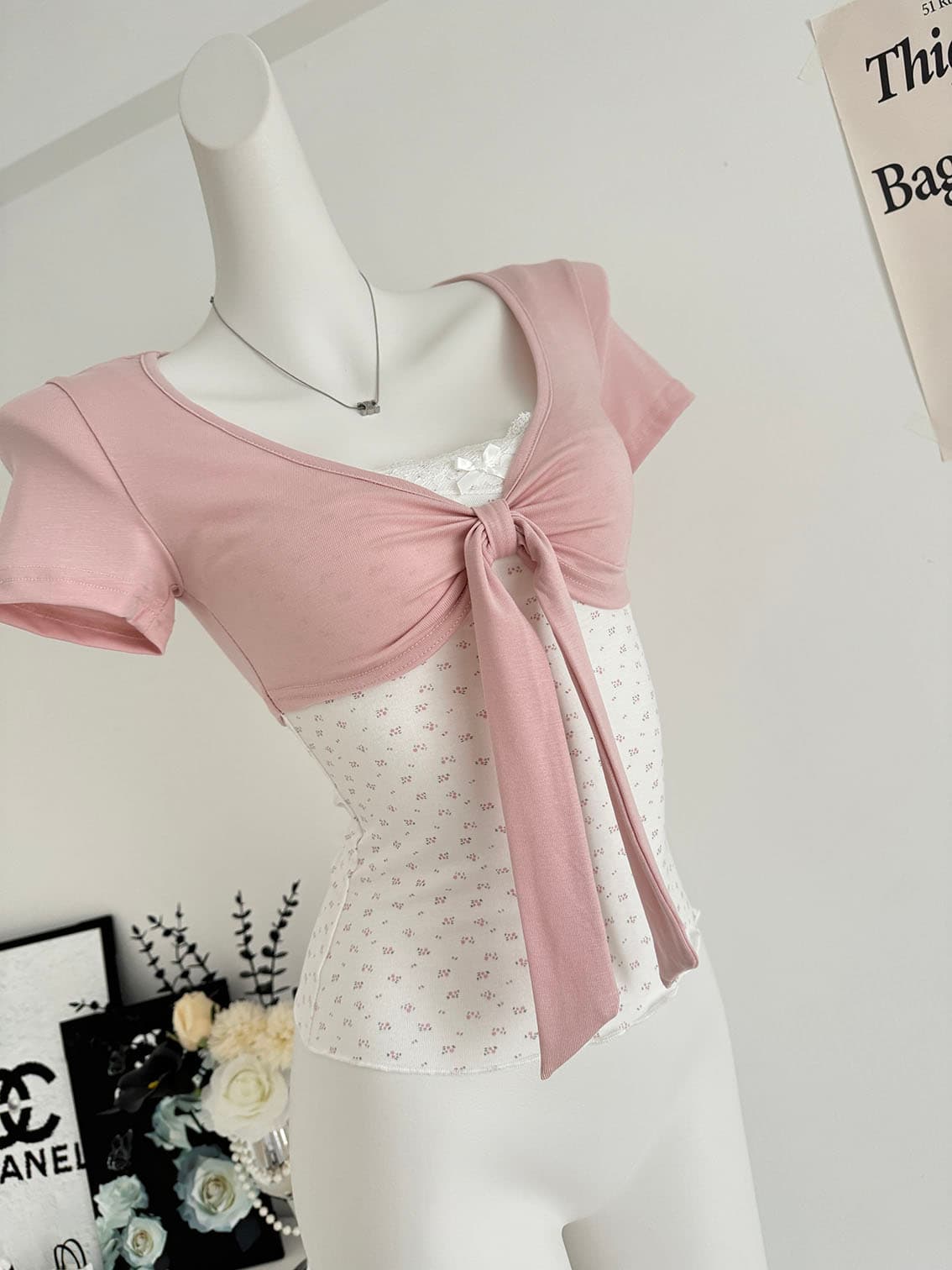 callmeear 배색 나비 매듭 티셔츠 패치워크 디자인 센스 페이크 레이어드 u 칼라 반팔 맨위 여성 여름 상세 이미지 10