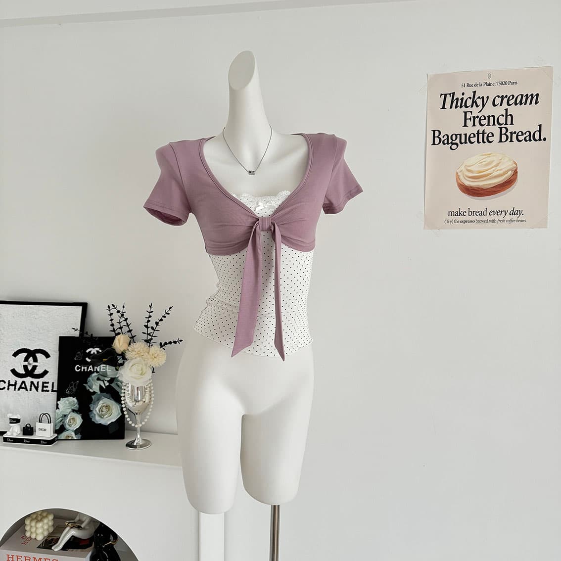 callmeear 배색 나비 매듭 티셔츠 패치워크 디자인 센스 페이크 레이어드 u 칼라 반팔 맨위 여성 여름 상세 이미지 22