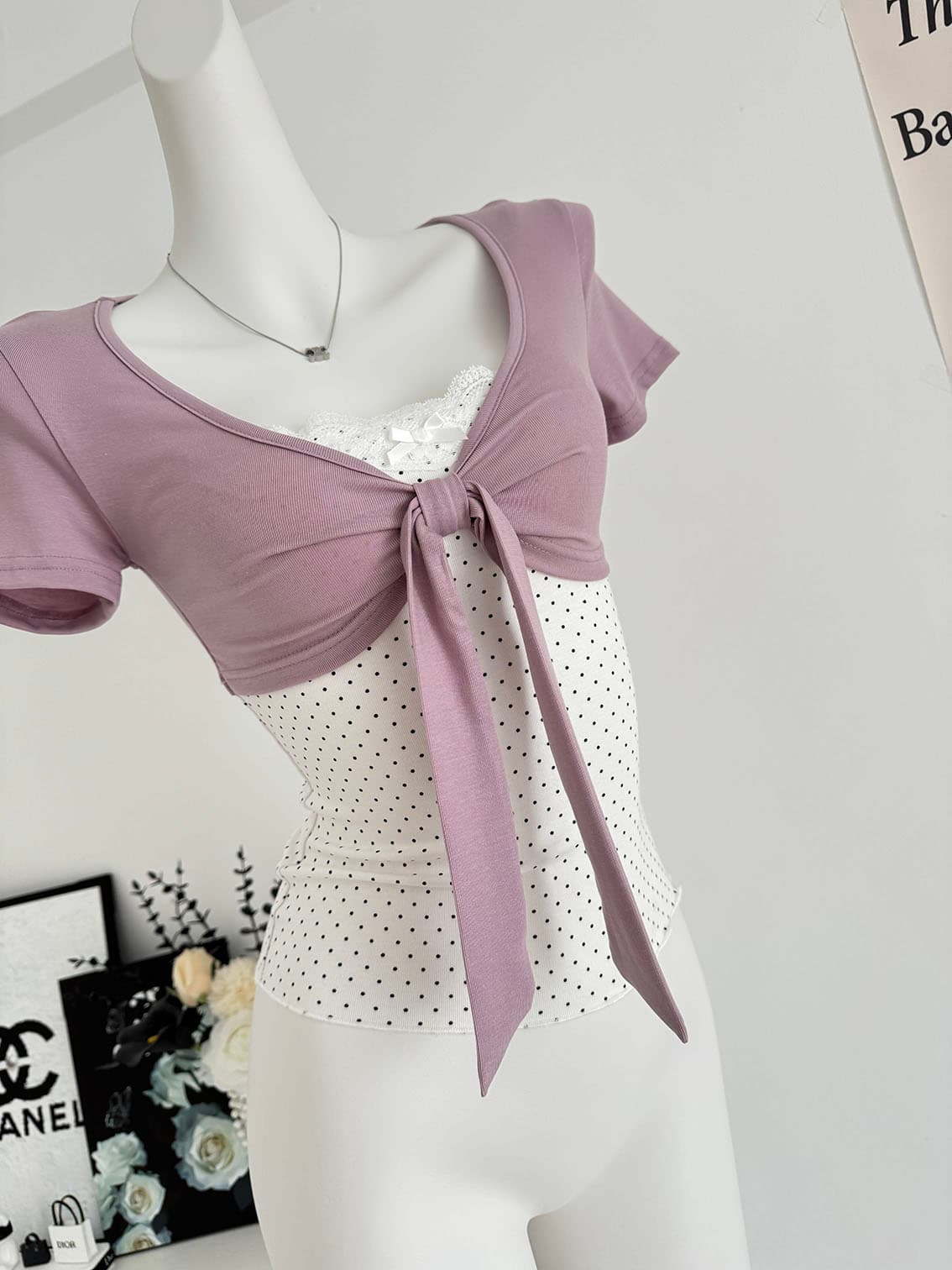 callmeear 배색 나비 매듭 티셔츠 패치워크 디자인 센스 페이크 레이어드 u 칼라 반팔 맨위 여성 여름 상세 이미지 25