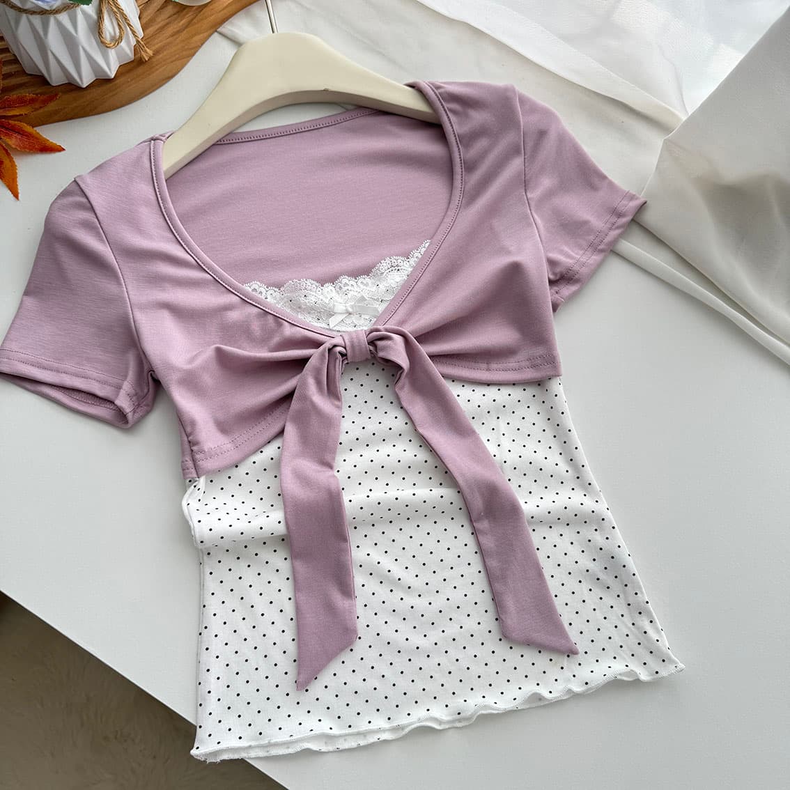 callmeear 배색 나비 매듭 티셔츠 패치워크 디자인 센스 페이크 레이어드 u 칼라 반팔 맨위 여성 여름 상세 이미지 27