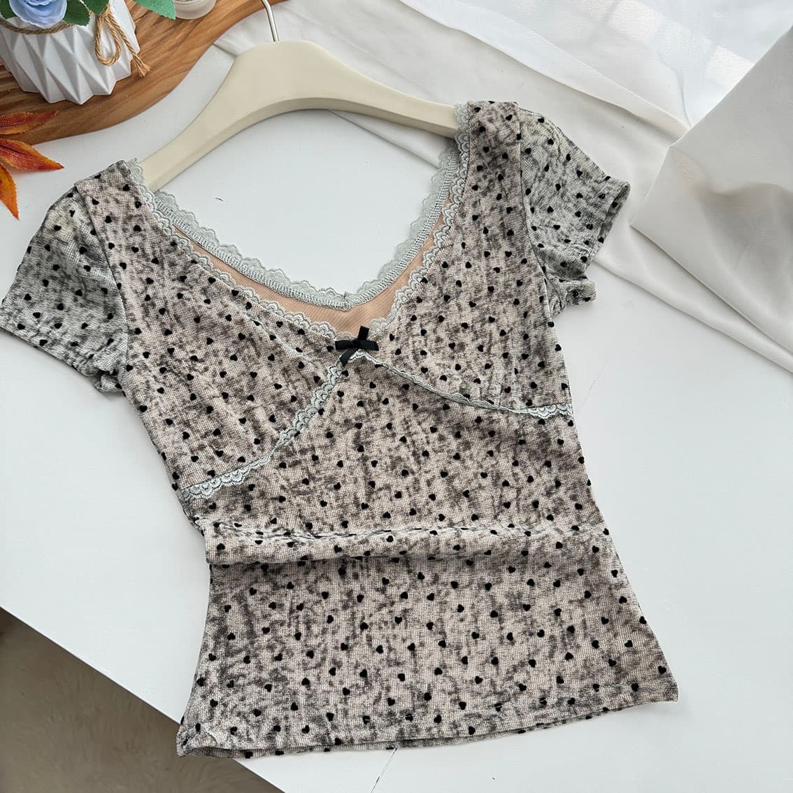 ranwear 다우 다우 눈 푸 기타 에디션 순수한 욕망 바람 홀치기 염색 프린트 식물 플러시 레이스 슬립 반팔 자외선 차단 오픈 가디건 상세 이미지 8