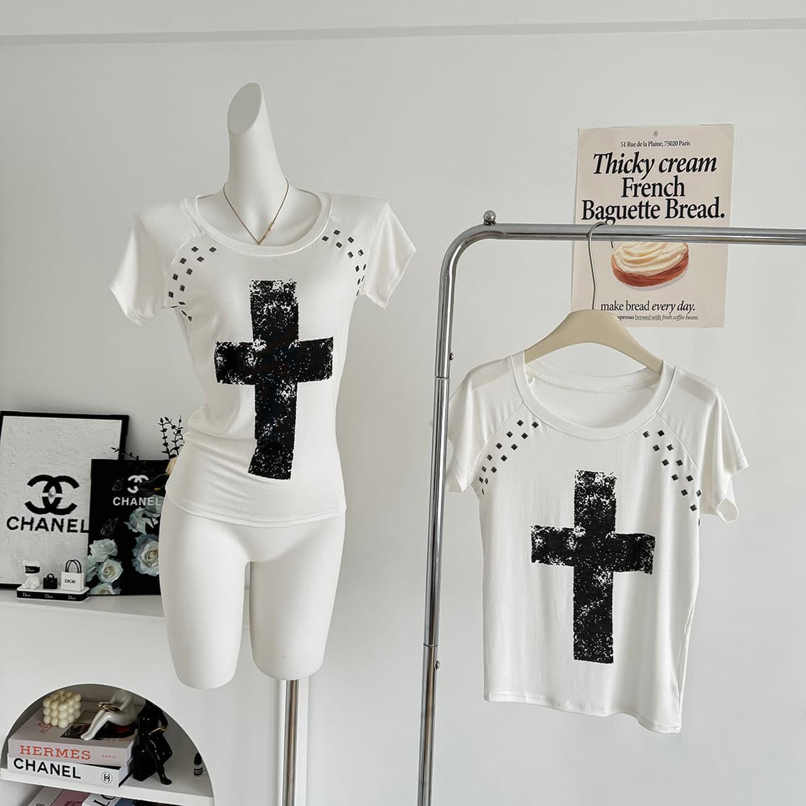 yolo shop 십자가 게이머 무거운 작업 핫픽스 인쇄 플라워 인서트 어깨 소매 티셔츠 여성 여름 라운드 넥 반팔 맨위 상세 이미지 2