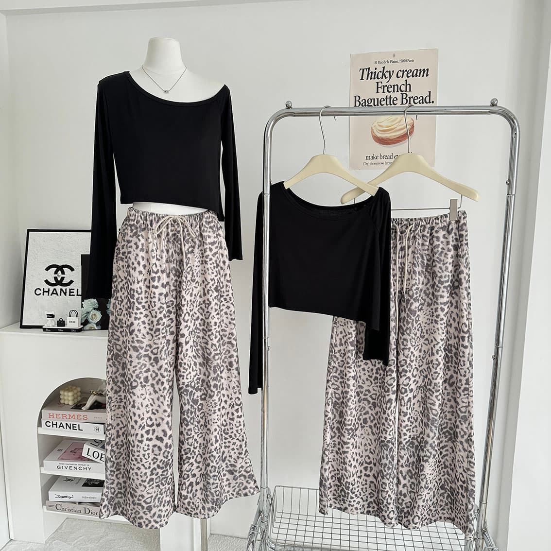 yolo shop 안개 센스 레오파드 무늬 프린트 캐주얼 루즈핏 와이드 레깅스 바지 여름 높음 그램 무거운 스트레이트 운동 긴 바지 상세 이미지 2