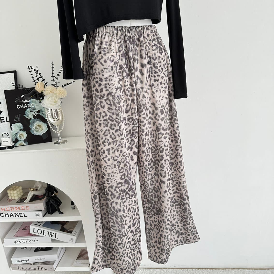 yolo shop 안개 센스 레오파드 무늬 프린트 캐주얼 루즈핏 와이드 레깅스 바지 여름 높음 그램 무거운 스트레이트 운동 긴 바지 상세 이미지 11