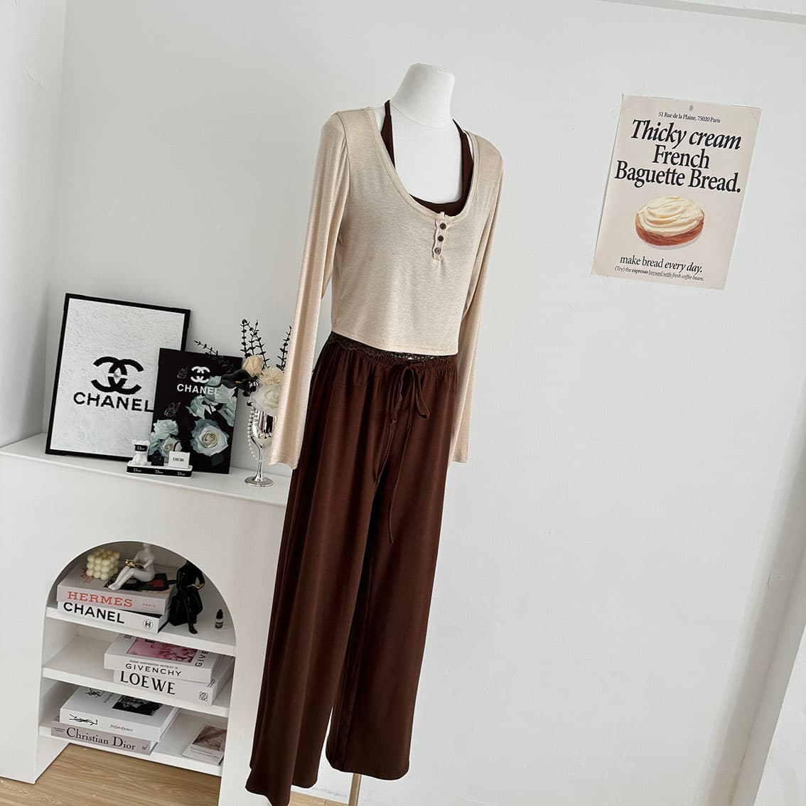 jmshop 바람둥이 느슨함 부서 주간 실크 양모 긴팔 티셔츠 레이스 레이스 행침 목 슬립 캐주얼 바지 세트 상세 이미지 1