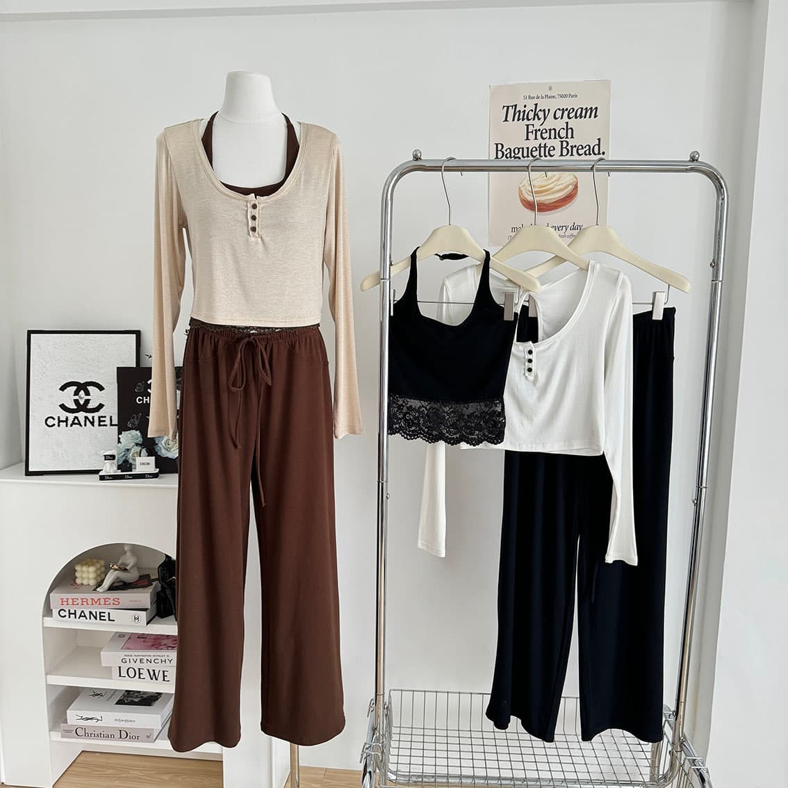 jmshop 바람둥이 느슨함 부서 주간 실크 양모 긴팔 티셔츠 레이스 레이스 행침 목 슬립 캐주얼 바지 세트 상세 이미지 2