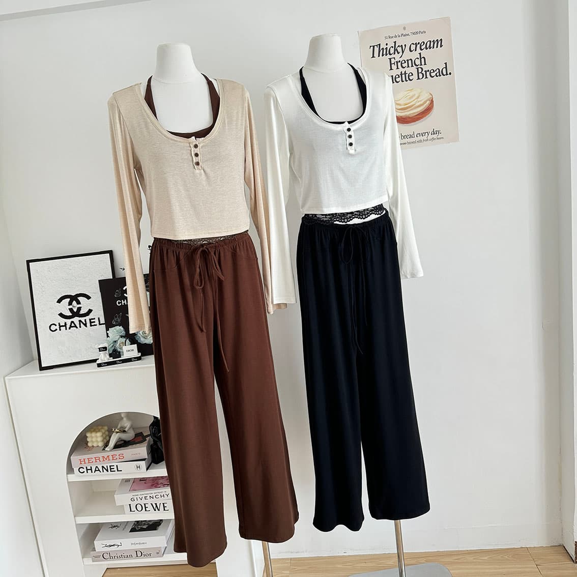 jmshop 바람둥이 느슨함 부서 주간 실크 양모 긴팔 티셔츠 레이스 레이스 행침 목 슬립 캐주얼 바지 세트 상세 이미지 4