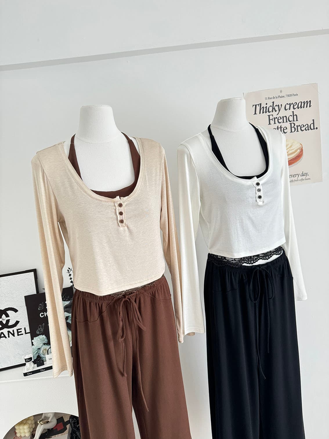 jmshop 바람둥이 느슨함 부서 주간 실크 양모 긴팔 티셔츠 레이스 레이스 행침 목 슬립 캐주얼 바지 세트 상세 이미지 5