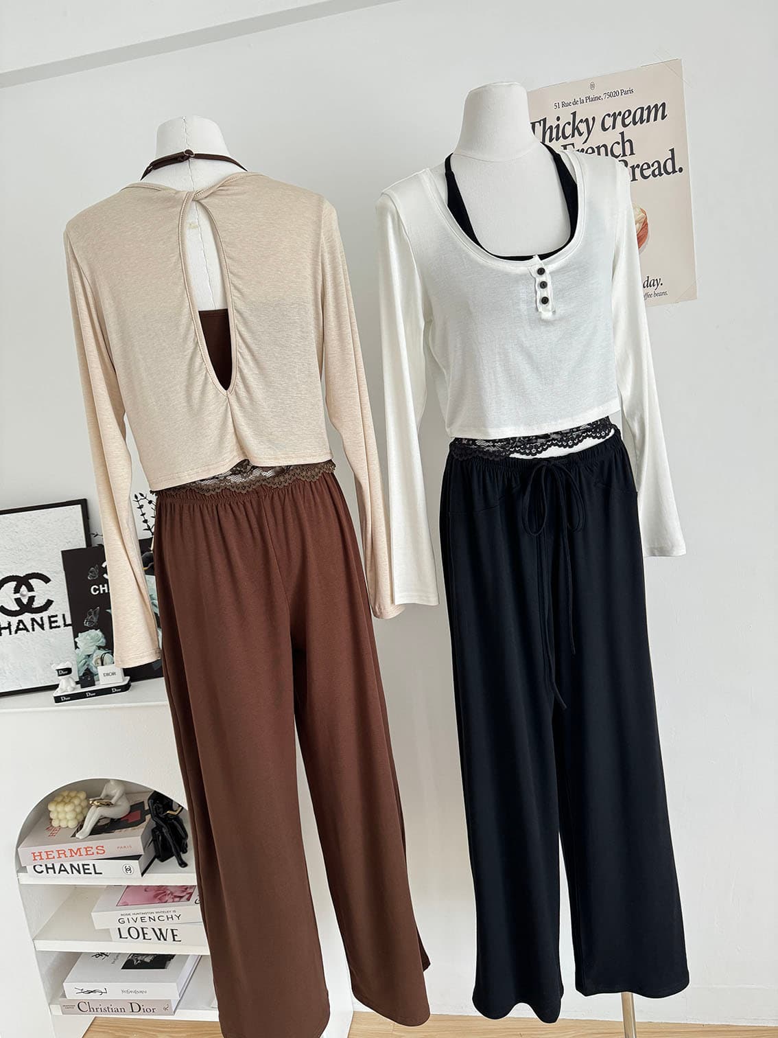 jmshop 바람둥이 느슨함 부서 주간 실크 양모 긴팔 티셔츠 레이스 레이스 행침 목 슬립 캐주얼 바지 세트 상세 이미지 6