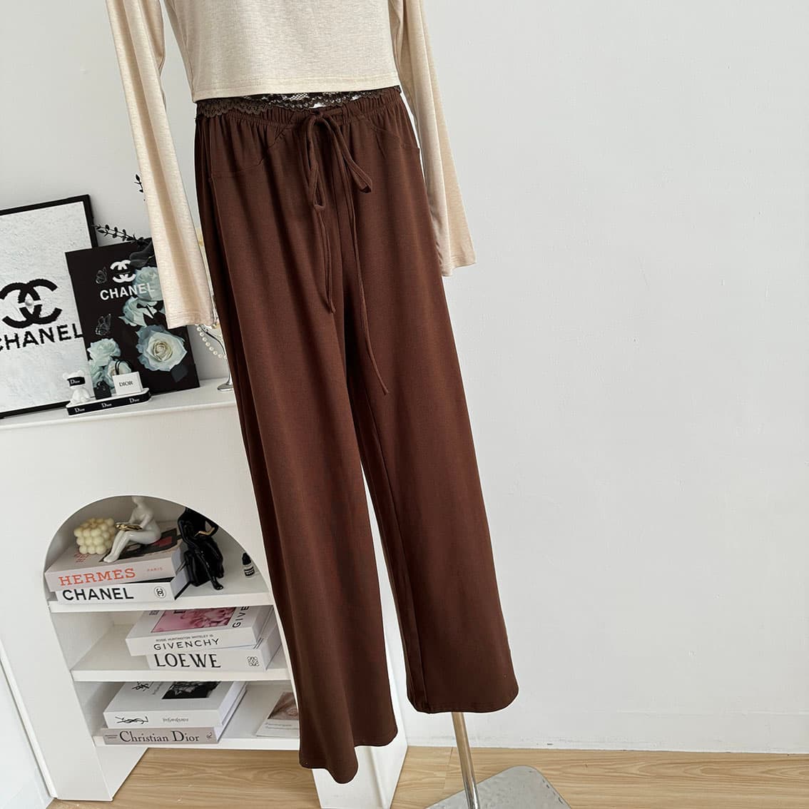 jmshop 바람둥이 느슨함 부서 주간 실크 양모 긴팔 티셔츠 레이스 레이스 행침 목 슬립 캐주얼 바지 세트 상세 이미지 14