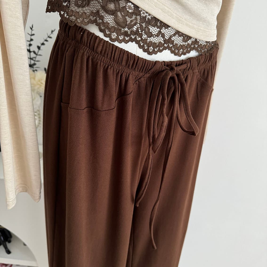jmshop 바람둥이 느슨함 부서 주간 실크 양모 긴팔 티셔츠 레이스 레이스 행침 목 슬립 캐주얼 바지 세트 상세 이미지 15