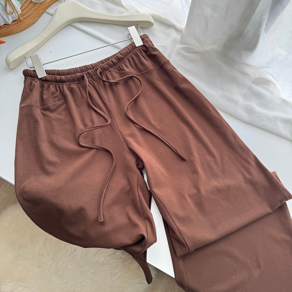 jmshop 바람둥이 느슨함 부서 주간 실크 양모 긴팔 티셔츠 레이스 레이스 행침 목 슬립 캐주얼 바지 세트 상세 이미지 21