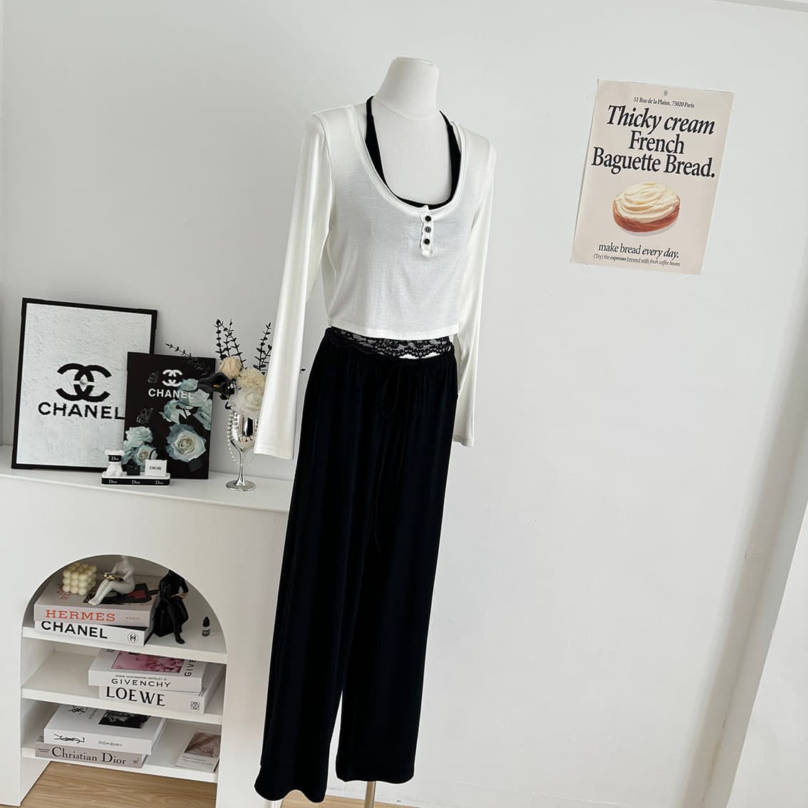 jmshop 바람둥이 느슨함 부서 주간 실크 양모 긴팔 티셔츠 레이스 레이스 행침 목 슬립 캐주얼 바지 세트 상세 이미지 24