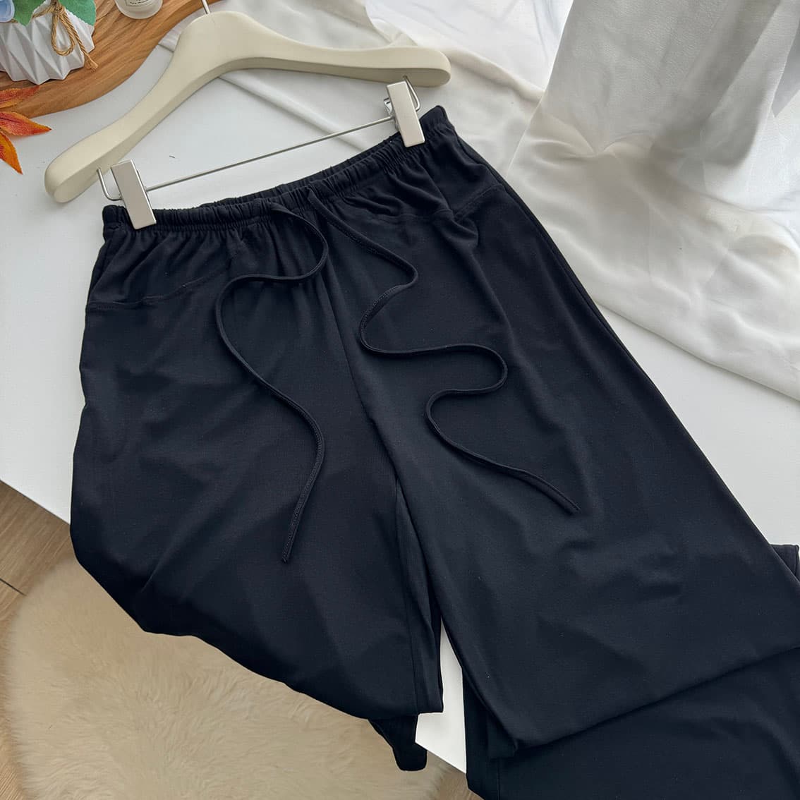 jmshop 바람둥이 느슨함 부서 주간 실크 양모 긴팔 티셔츠 레이스 레이스 행침 목 슬립 캐주얼 바지 세트 상세 이미지 33
