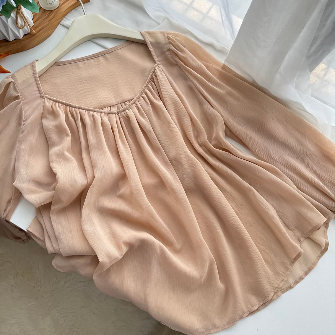 gakee official 프랑스식 벌룬 소매 시폰 셔츠 여성 봄 여름 와이드 밑단 핀치 Pleat 마이크로 ~을 통해 패키지 어깨 셔츠 이미지 6