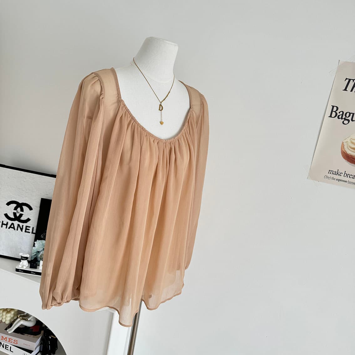 gakee official 프랑스식 벌룬 소매 시폰 셔츠 여성 봄 여름 와이드 밑단 핀치 Pleat 마이크로 ~을 통해 패키지 어깨 셔츠 상세 이미지 1